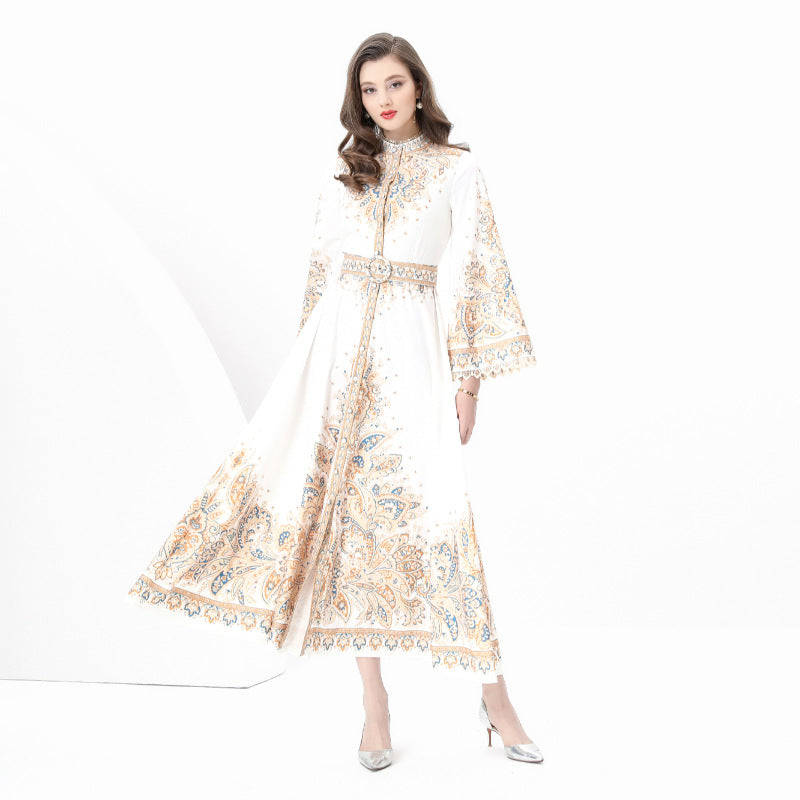Spring and autumn new court style retro printing long-sleeved waist pendulum long dress fashionable single-breasted stand-up collar dress
