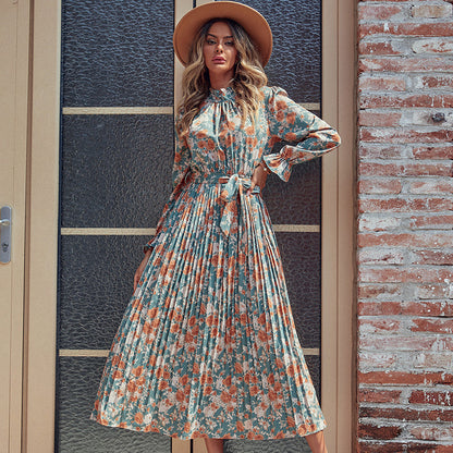 LOVEVOP independent station foreign trade Hot autumn and winter new cross-border women's clothing 2025 printed dress long pleated skirt