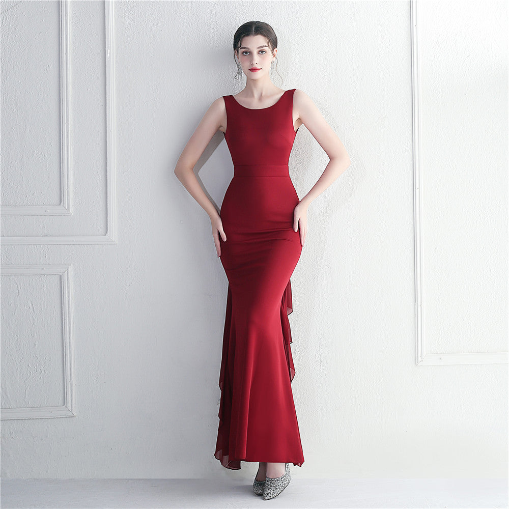 19928 #Hot Trade Spot Heavy Craft Beaded Satin Buga Chiffon Wedding Dinner Etiquette Sexy Dress Long