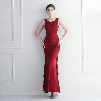 19928 #Hot Trade Spot Heavy Craft Beaded Satin Buga Chiffon Wedding Dinner Etiquette Sexy Dress Long