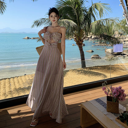 2025 Xiaohongshu same holiday style hollow lace-up high waist striped suspender dress summer seaside beach dress
