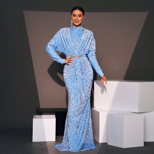 2025 high-end temperament long-sleeved sexy long sequined crew neck banquet evening dress bridesmaid dress women