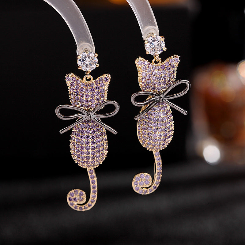 2025 Korean color zircon earrings women's wholesale 925 silver needle personalized animal earrings cute bow cat earrings