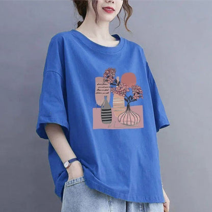 100Kg large size fat MM thin summer loose round neck T-shirt versatile short-sleeved top printed casual T-shirt women