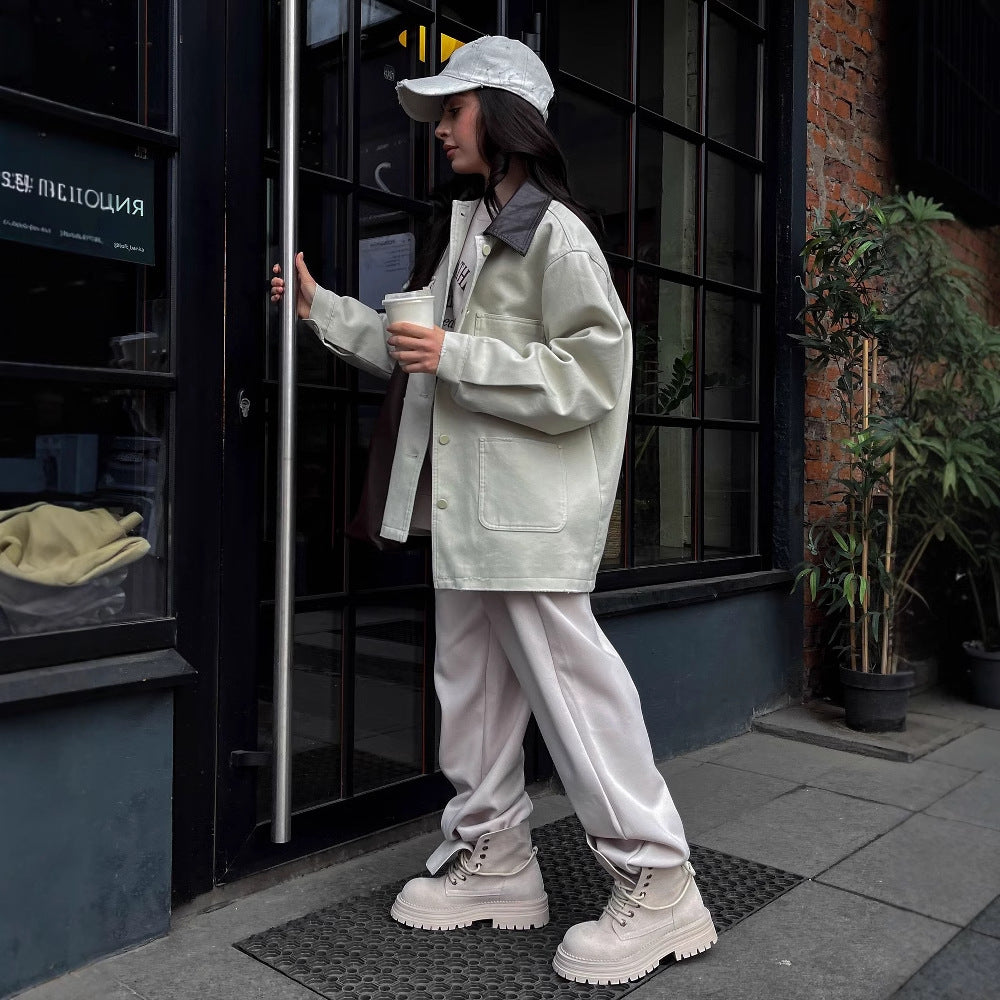 Spring new n retro tooling PU leather lapel silhouette jacket women's loose casual long-sleeved cardigan jacket women