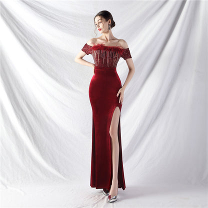 31950 #Popular trade new craftsmanship order ostrich wool velvet one-word collar evening dress