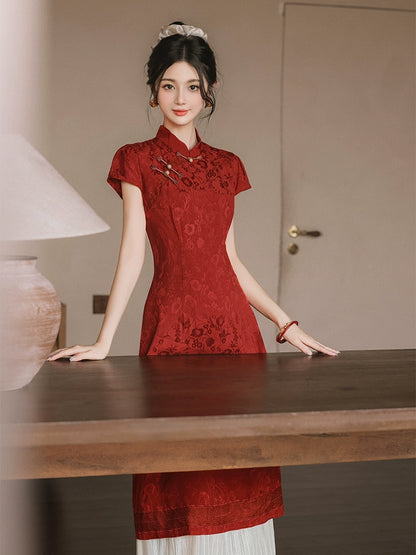 New Chinese red fake two pieces improved cheongsam women's fringed splicing temperament dress morning robe bride engagement dress