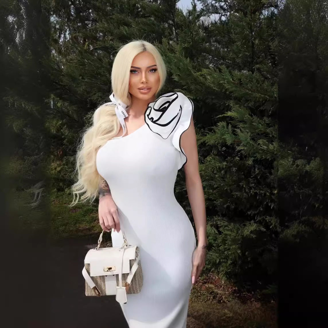 LOVEVOP popular New  White Dress One Shoulder Flower Ribbed Knitted Women's Long Dress Bandage Bottom Dress
