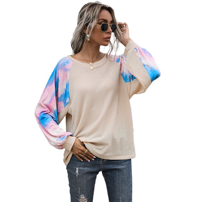 LOVEVOP New Popular, 2025 and popular new waffle bottoming long-sleeved shirt tie-dye round neck splicing pullover T-shirt women