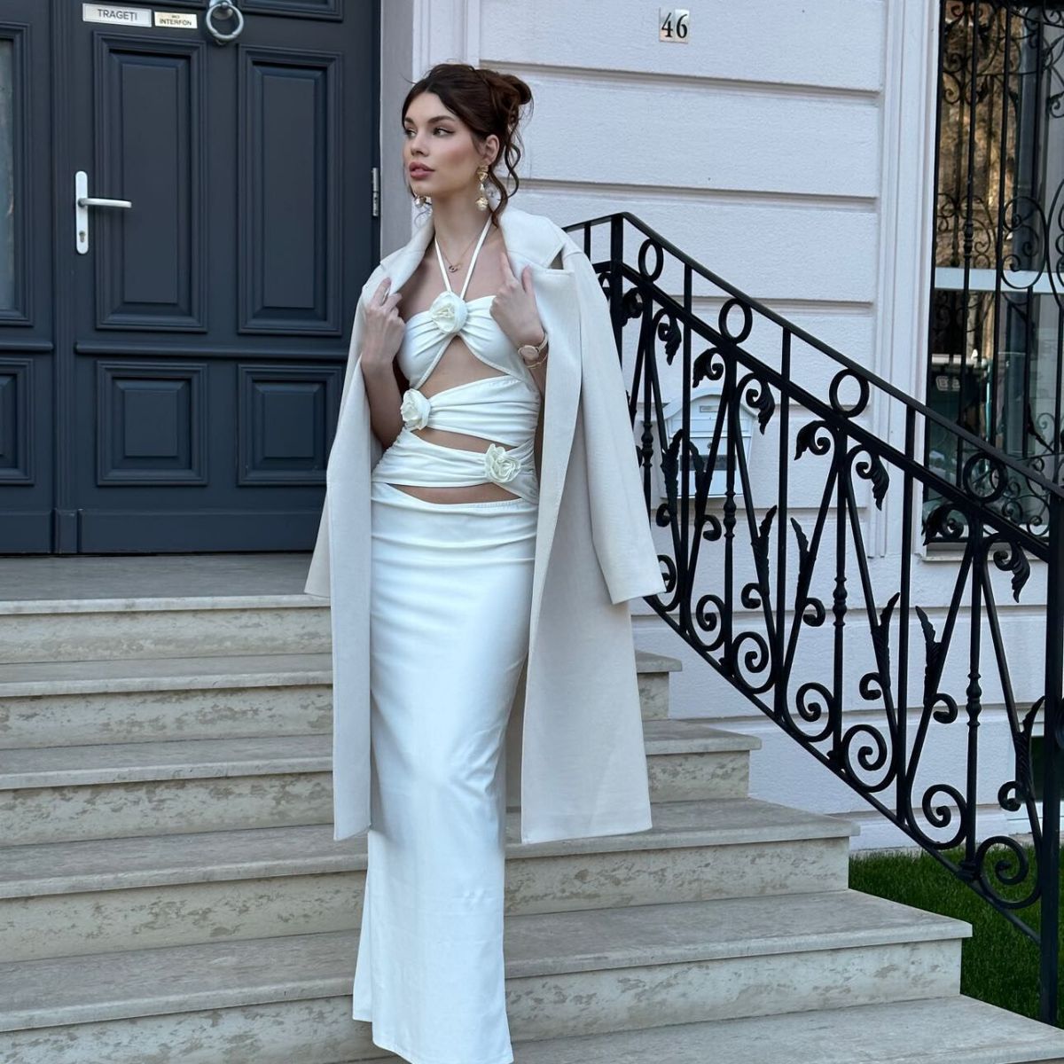 LOVEVOP Autumn temperament white neck pleated hollow flower slim dress  women's clothing elastic inner dress