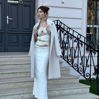 LOVEVOP Autumn temperament white neck pleated hollow flower slim dress  women's clothing elastic inner dress