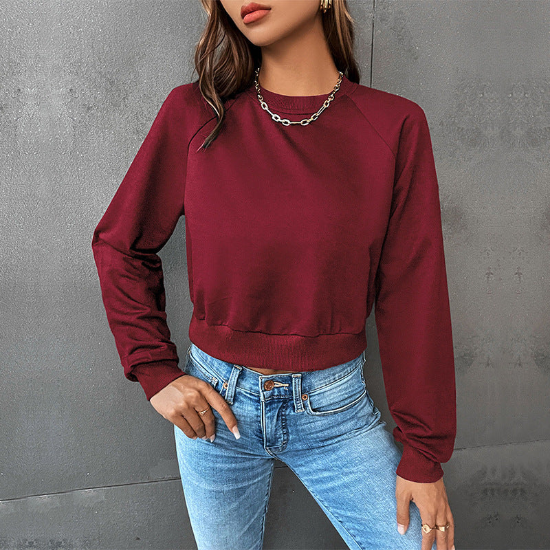 LOVEVOP popular New Early Autumn Casual Sports Rough Sleeve Top Hot Trade Color Matching Short Navel Crew Neck Pullover Sweater