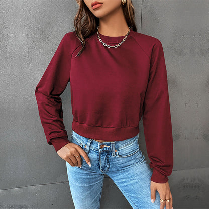 LOVEVOP popular New Early Autumn Casual Sports Rough Sleeve Top Hot Trade Color Matching Short Navel Crew Neck Pullover Sweater