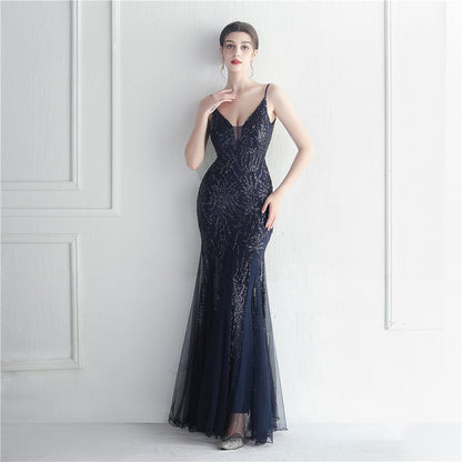 19865 #Spot sequined mesh sexy suspender star Internet celebrity event long evening dress dress