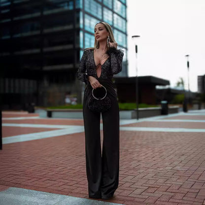 LOVEVOP  women's clothing early autumn new popular black long-sleeved beaded feather jumpsuit women's New thin jumpsuit