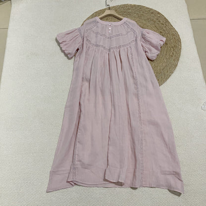 Shallow Spring Dress Smart Girl Romantic Fairy Lace Bubble Short Sleeve Dress Crew Neck Girl