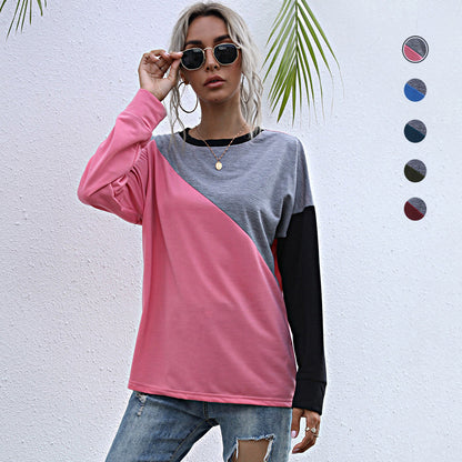 LOVEVOP New Cross-border popular Autumn Loose 2025 Splicing Crew Neck Long Sleeve Bottom Contrasting Sweater Women