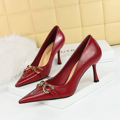 2025 886-2 retro  high heels women's shoes stiletto high heel shallow mouth pointed metal belt buckle decorative single shoes
