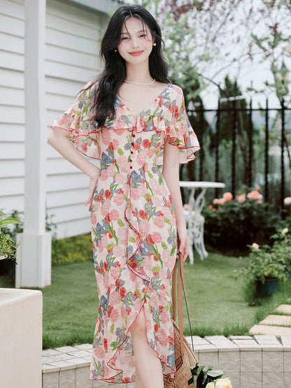 Huge good-looking beach vacation skirt  retro floral dress temperament cape long dress high-end dress