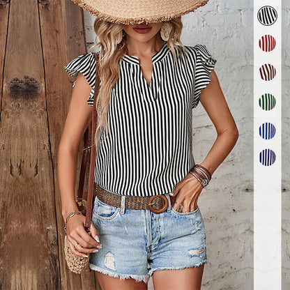 LOVEVOP New new summer women's clothing lotus leaf flying sleeve top stand-up collar 2025 Popular trade sleeveless striped shirt