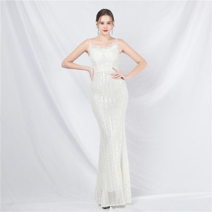 31831 #Hot Trade New Craft Ostrich Hair High-end Symphony Bead Evening Dress Banquet Party Dress