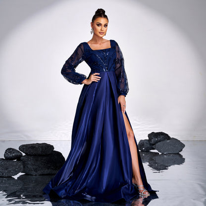 2025 high-end temperament long-sleeved square collar long sequined banquet big pendulum evening dress bridesmaid dress women