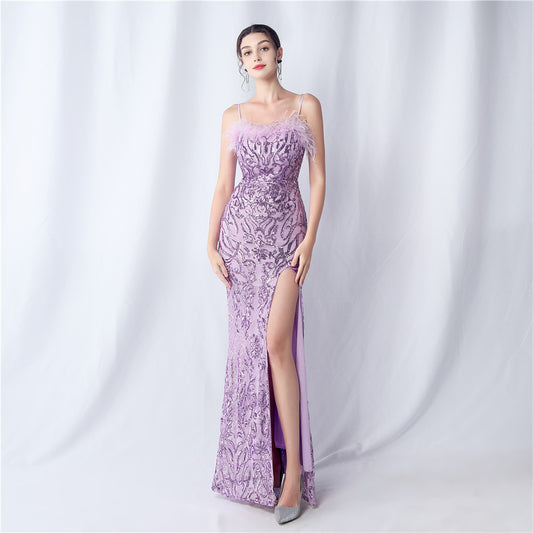 31568 #Popular trade new popular full-piece positioning flower cutting handmade ostrich hair high-end evening dress