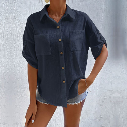 LOVEVOP New popular new summer 2025 Popular trade button-up cardigan top short-sleeved pocket lapel shirt