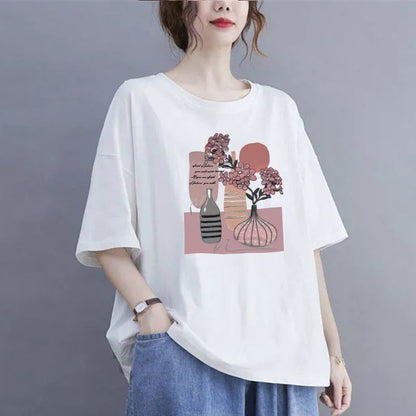 100Kg large size fat MM thin summer loose round neck T-shirt versatile short-sleeved top printed casual T-shirt women