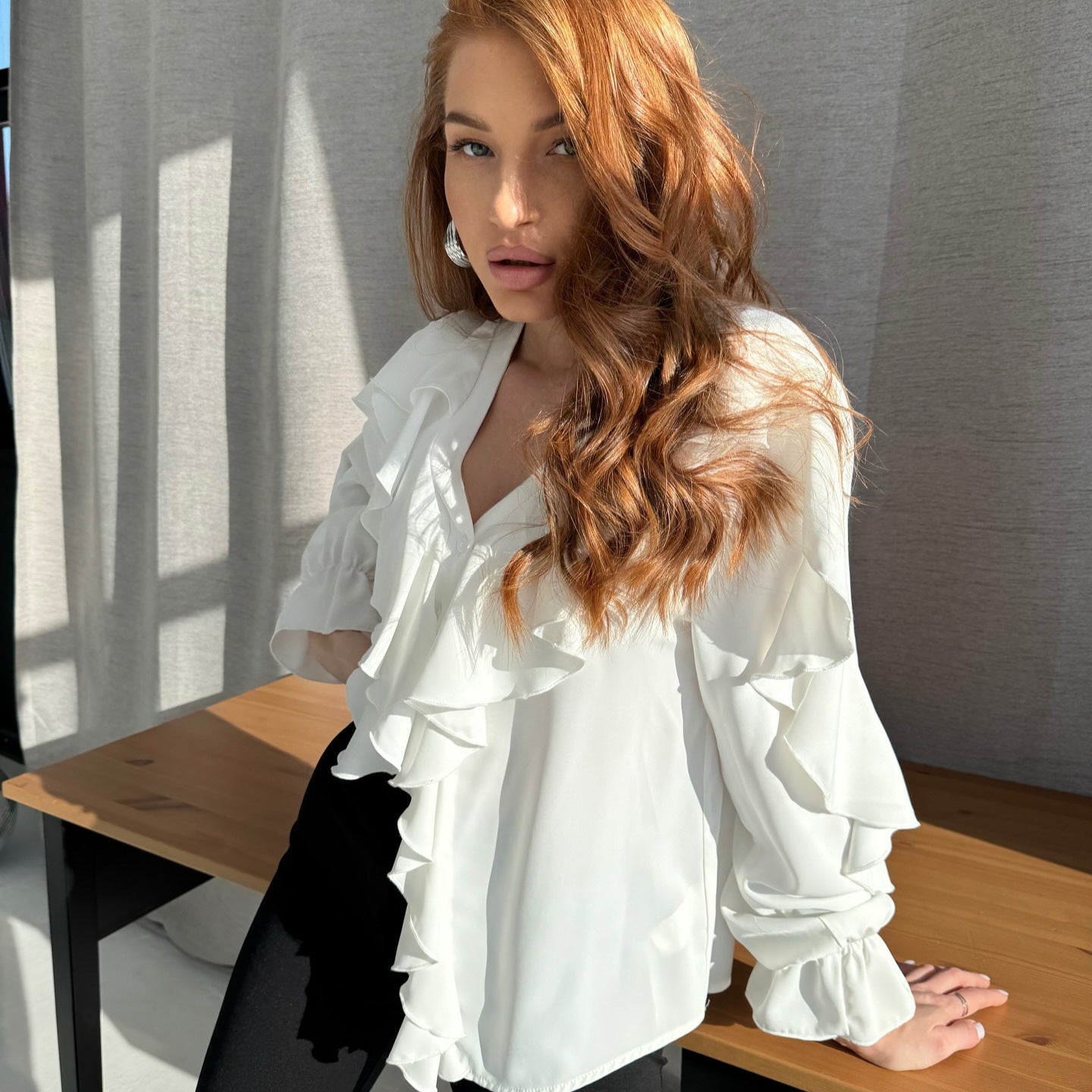 Commuter temperament white chiffon ruffle edge horn sleeve V-neck lace-up versatile shirt autumn fashion shirt women