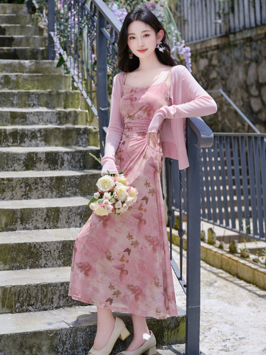 Summer wear beautiful small skirt pink floral suspender dress women's seaside vacation sunscreen cardigan two-piece set