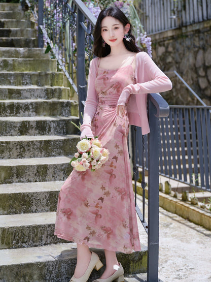 Summer wear beautiful small skirt pink floral suspender dress women's seaside vacation sunscreen cardigan two-piece set