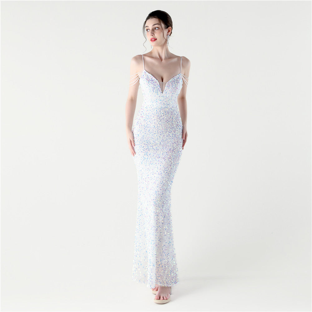 33313 #2025 New sequined beaded party wedding dinner suspender slim-fitting long evening dress