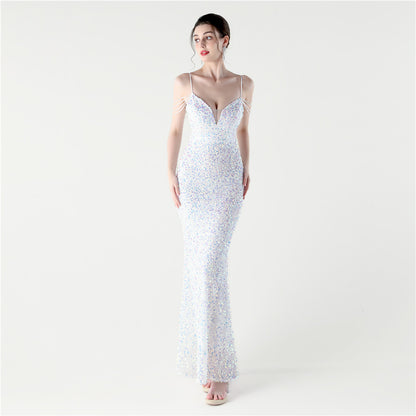 33313 #2025 New sequined beaded party wedding dinner suspender slim-fitting long evening dress