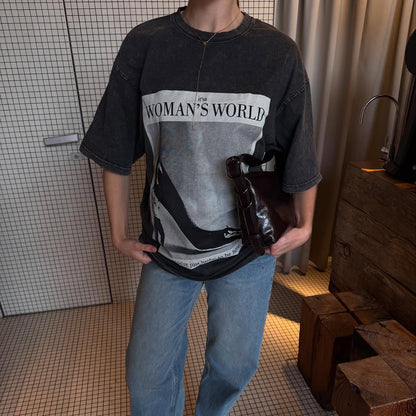 New new retro high heels printed short-sleeved women's T-shirt summer loose casual washed old top