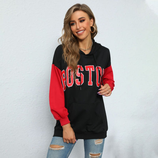 LOVEVOP New popular autumn contrasting color hoodie 2025 letter printing casual sports hooded sweater women