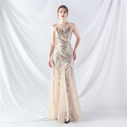 31903 #Hot trade new product laminated bead splicing mesh suspender evening dress