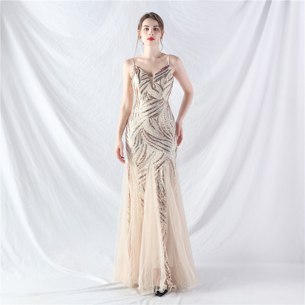 31903 #Hot trade new product laminated bead splicing mesh suspender evening dress