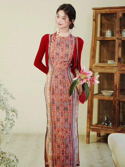 Ethnic tourism vacation new Chinese floral dress national style improved sleeveless red cheongsam women's cardigan two-piece set