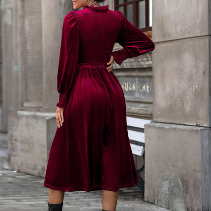 LOVEVOP 2025 foreign trade explosion burgundy velvet dress temperament elegant long dress wooden ear edge collection design skirt