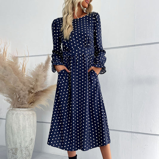 LOVEVOP New Cross-border 2025 Women's Clothing Hot Autumn and Winter New Long Sleeve Blue Polka Dot Medium and Long Dress