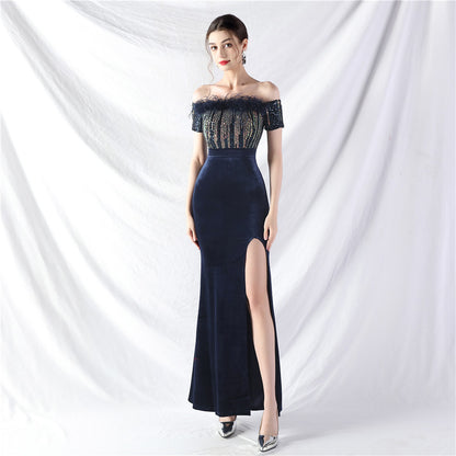 31950 #Popular trade new craftsmanship order ostrich wool velvet one-word collar evening dress