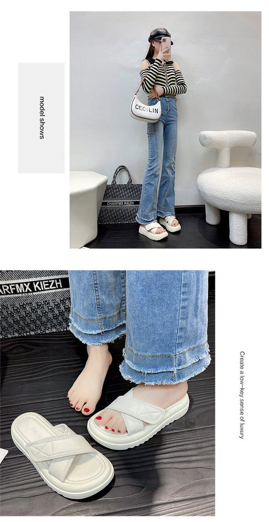 lovevop Flat Shoes Female Med Lady House Slippers Platform Luxury Slides Slipers Women Girl Designer Summer 2024 Soft Fashion PU Concise