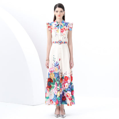 spring new retro court style small flying sleeves waist lapel single-breasted cardigan printed long dress