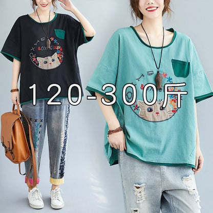 150Kg extra large size women's clothing  new literary and retro loose and thin embroidered T-shirt women's fat mm summer top