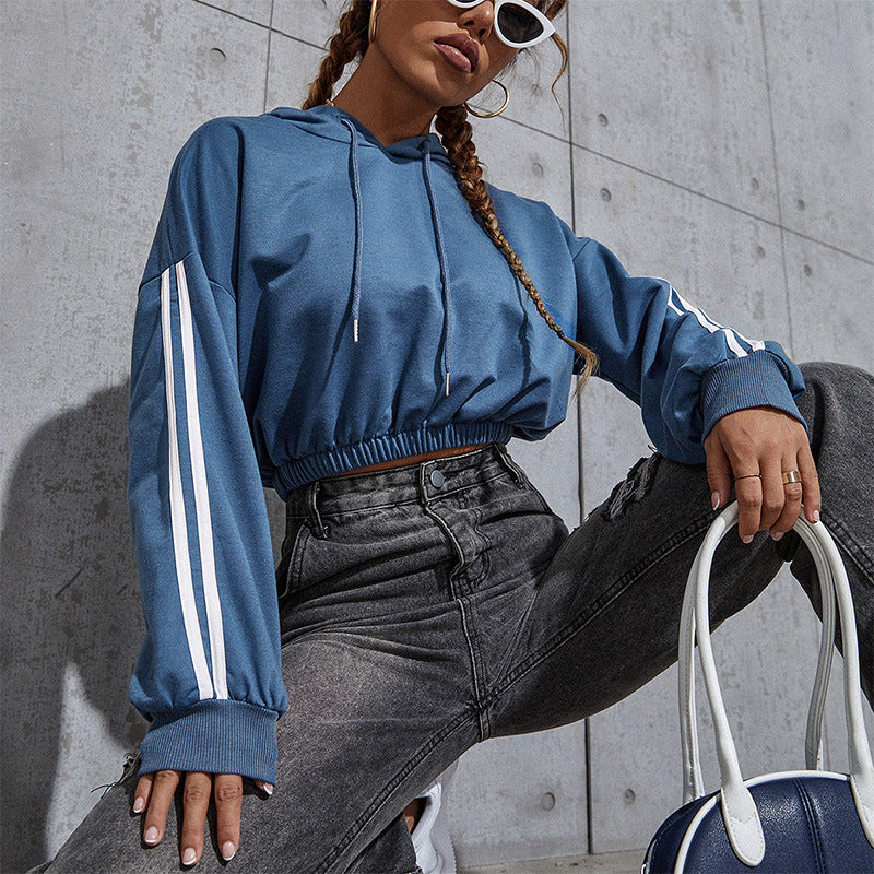 LOVEVOP 2025 autumn and winter sports hoodie women's popular new solid color casual short BM wind striped hooded sweater