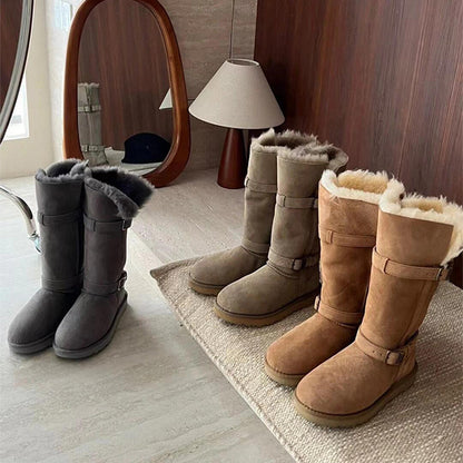 2025  Gray snow boots women's popular new retro two-wear medium tube velvet but knee knight boots