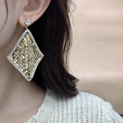 2025 New geometric rhombus sequined earrings s925 silver needle high-end exaggerated atmosphere zircon inlaid earrings earrings