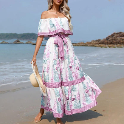 Popular trade spring and summer  independent station wish new one-word shoulder printing long pendulum dress