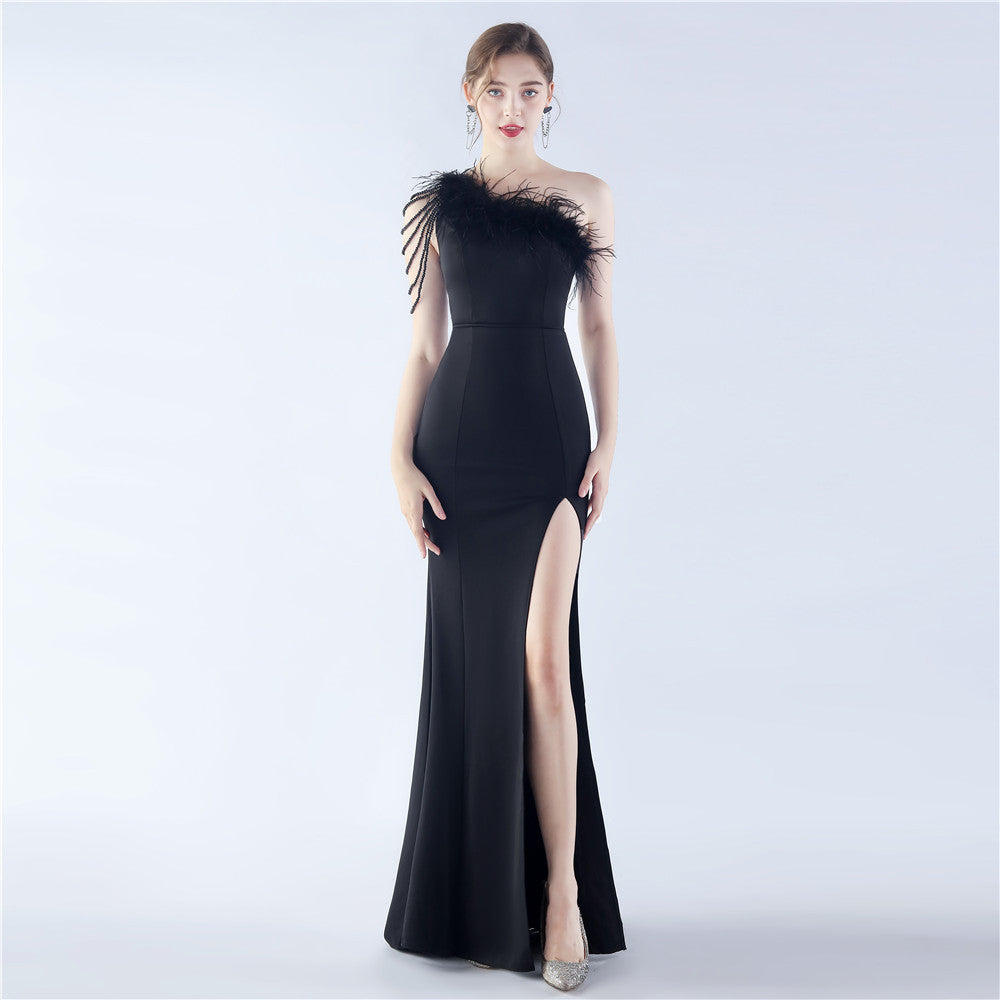 31367 #Hot trade new popular craft beaded ostrich hair satin long evening dress